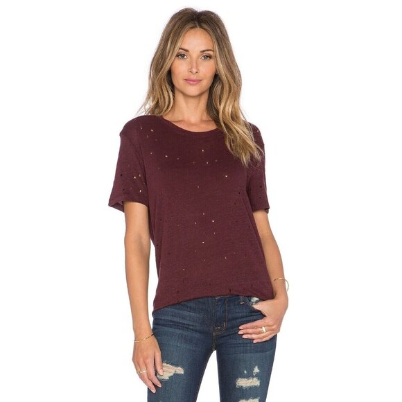 IRO Clay Burgundy 100% Linen Jersey Distressed Holes Crew Neck T-Shirt, Size S - Picture 1 of 13